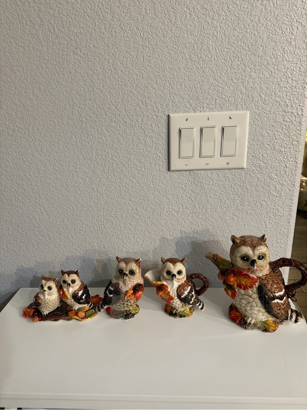 Autumn Owl Figurine Set - Brown and Cream Fall Wall Decor